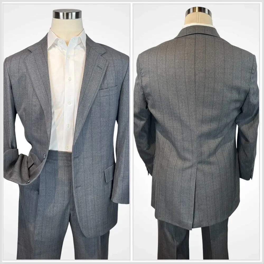 Vtg Christian Dior Monsieur Suit 42L 35x32 Gray Stripe Virgin Wool Designer